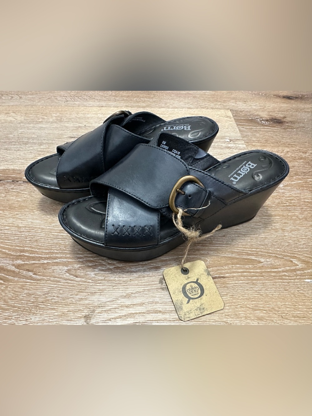 Born Black Leather Crisscross Platform Wedge Mules